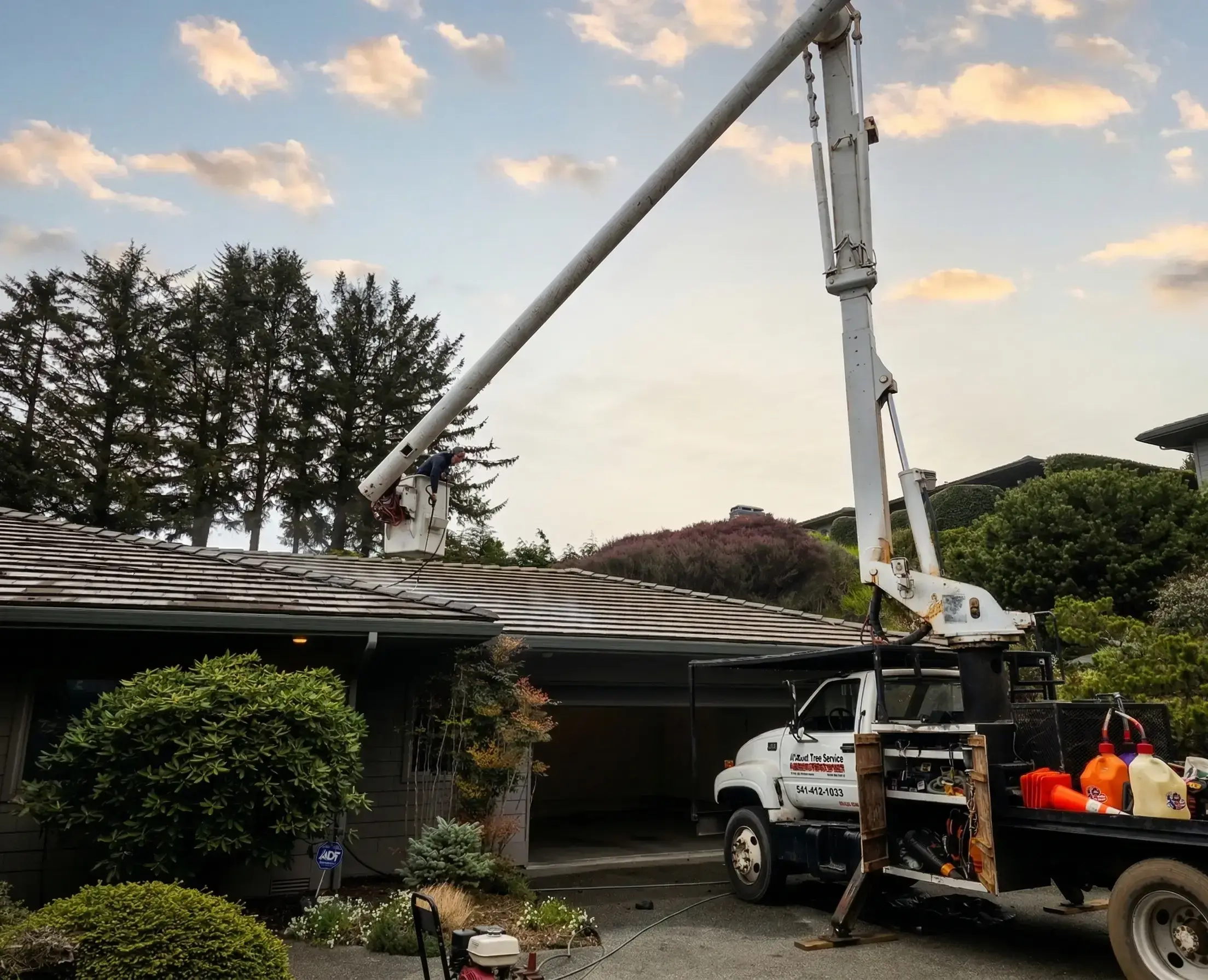 A Good Tree Service arborist truck with an extended bucket lift performing tree maintenance safely over a residential house roof